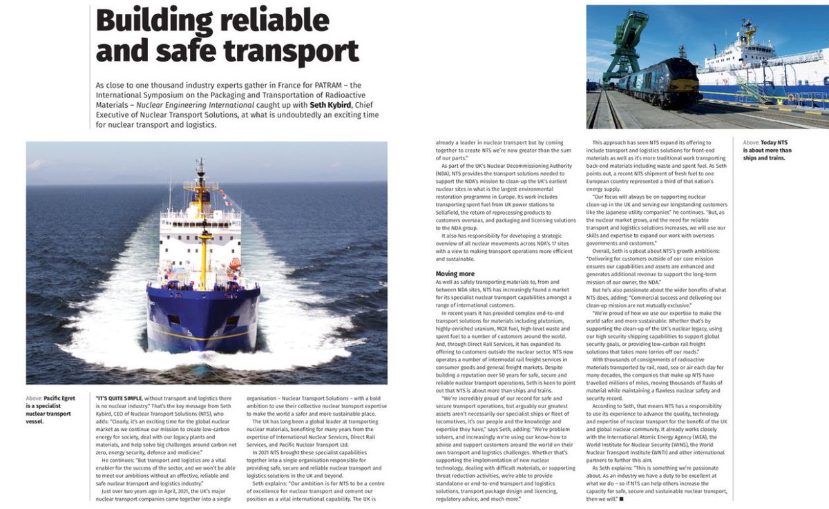 NTSolutionsUK's tweet photo. The exclusive interview in Nuclear Engineering International magazine is now available. Hear how safe, secure and reliable transport solutions are vital to a thriving nuclear industry -
https://t.co/Wlkhp7b1KL
#Patram22 #nuclear #Patram https://t.co/TlkYm5Kweo