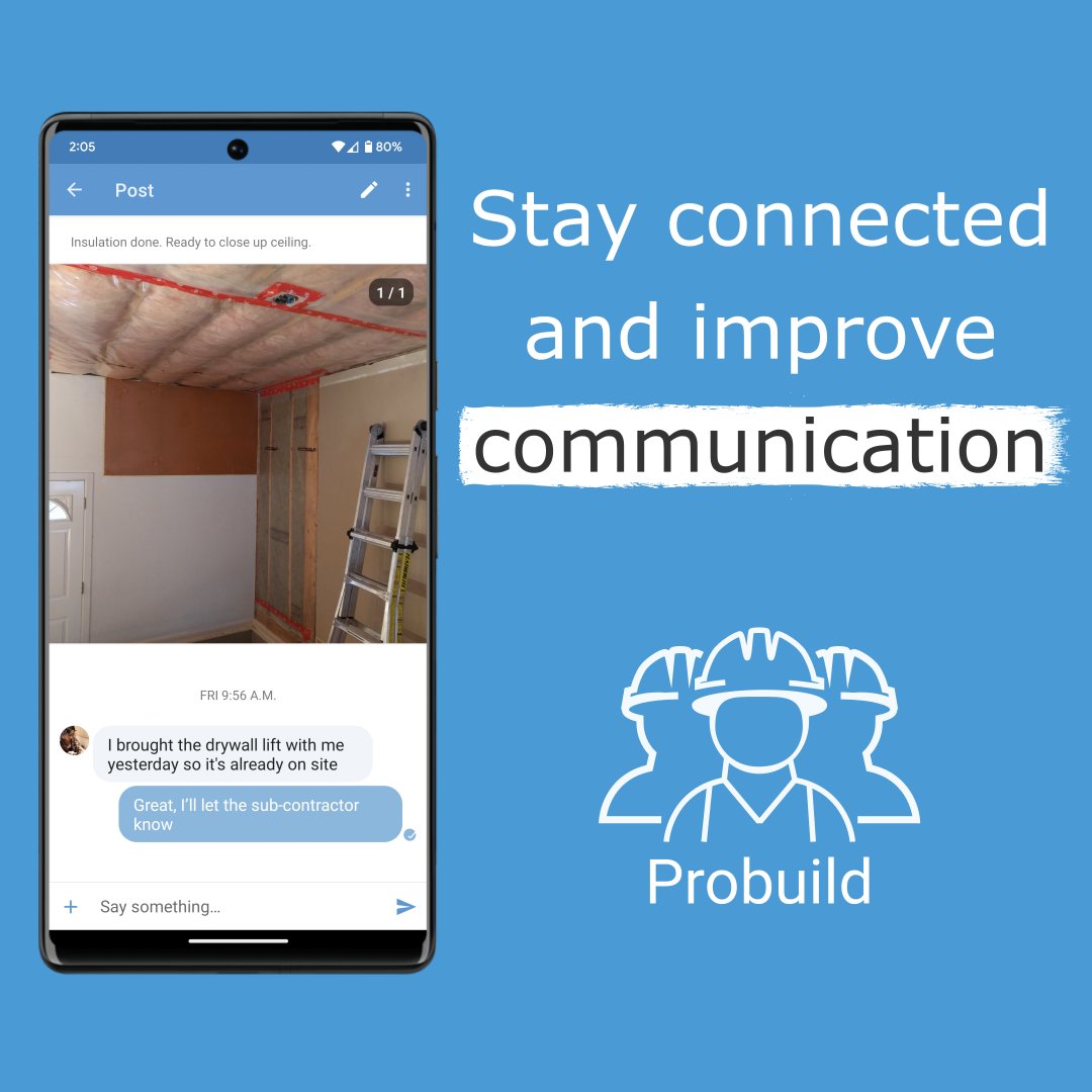 ProbuildApp's tweet image. Work better, together. Probuild ensures everyone on your crew has the info they need to do their jobs, even when offline. Share project details, photos, and comments with your team in real time. Available on Android (bit.ly/3c3w2UT) and iOS (apple.co/2A7J5Hx)
