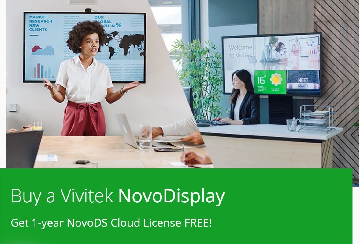 VivitekUK's tweet photo. Amazing promotion! Buy a NovoDisplay DK and get a FREE 1-year NovoDS Cloud License! With 4K Ultra-HD resolutions its perfect for commercial applications such as hospitality, retail, education and business. Don't miss out! #DigitalSignage #WirelessCollaboration #NovoDisplayDK https://t.co/6wi4WM30qS
