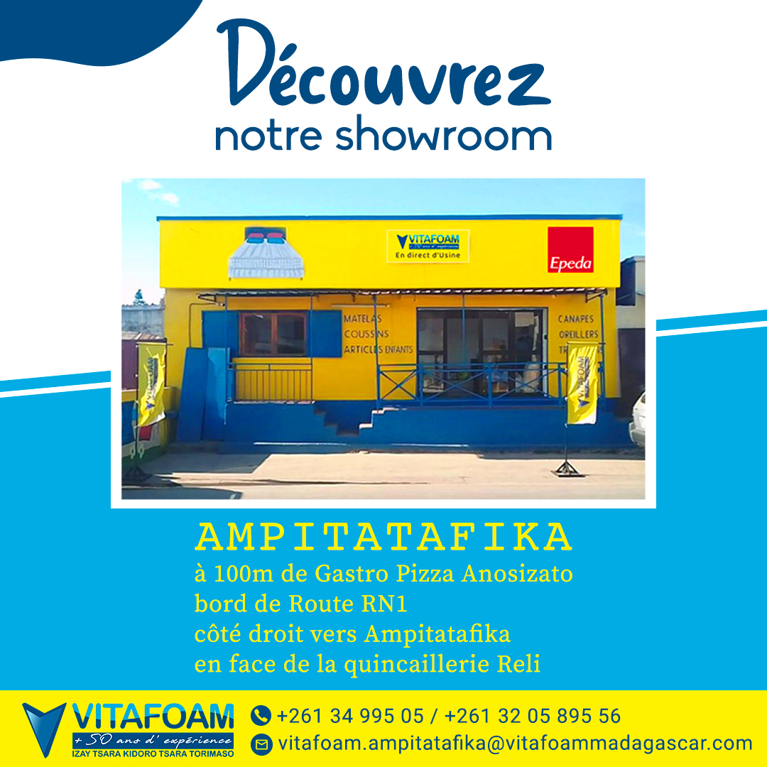 VitafoamM's tweet photo. 🏪 Notre showroom d’Ampitatafika vous accueille du lundi au samedi de 8H00 à 12H00 et de 13H00 à 17H00.
📍 A 100 m de Gastro Pizza Anosiazato - Bord de route RN1 - Côté droit vers Ampitatafika
vitafoam.ampitatafika@vitafoammadagascar.com
032 05 895 56 - 034 34 895 05 https://t.co/5Ls3ODWWaD