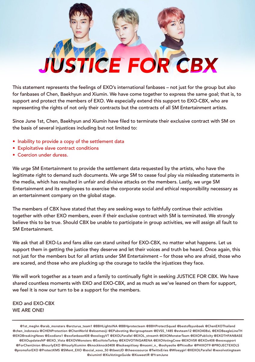 bestofbyunbaek's tweet photo. Official Joint Statement Of CBX &amp; EXO Fanbases to @SMTOWNGLOBAL 📣

All EXOLs are requested to mass  spread this, so it can reach KEXOLs &amp; Public in Korea‼️pls rt our previous tweet also

JUSTICE FOR CBX ! WE ARE ONE !

#JusticeForCBX @weareoneEXO 
#첸백시_더_강하게 #UnitedForCBX https://t.co/zbnOWvOBRA