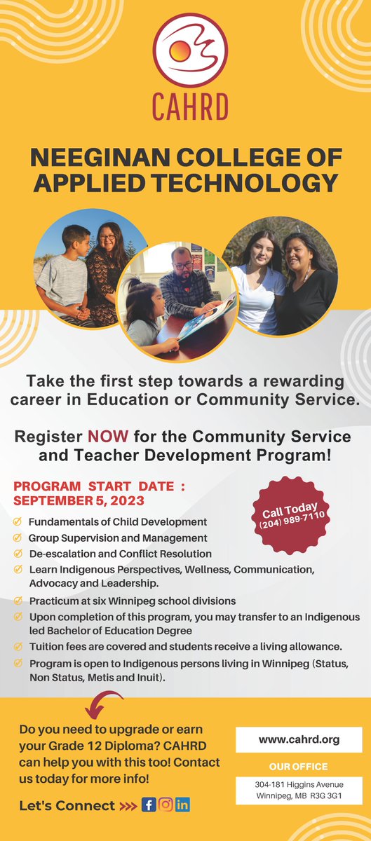Take the first step towards a rewarding career in Education or Community Service. This opportunity for Indigenous persons is offered through <a href="/cahrd/">CAHRD</a>. The application deadline is June 16, 2023. For more information: tinyurl.com/47vmrey4