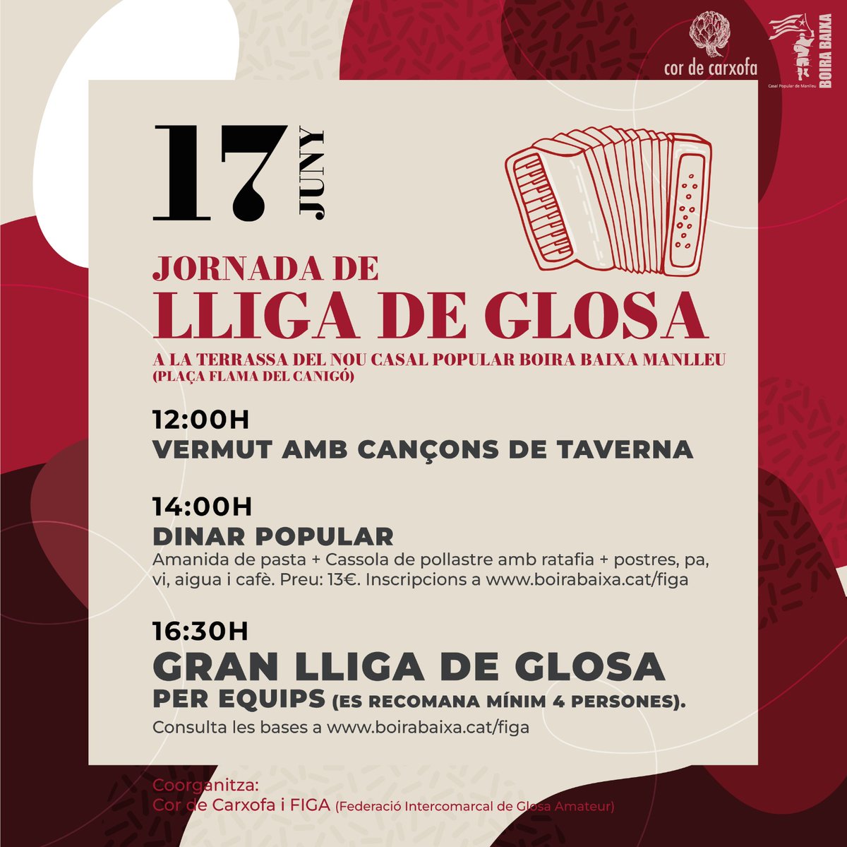 CasalBoiraBaixa's tweet photo. 🗓Dissabte 17, arriba la GRAN LLIGA DE GLOSA, coorganitzada per @CordeCarxofa.
Diversos equips participaran en una lliga on es disputaran diferents proves d'improvisació musical.
Inscripcions obertes a: https://t.co/kGbsBActBv
#LligadeGlosa #Figa #Glosa #Corrandes #garrotins https://t.co/RmdG9tVa2v