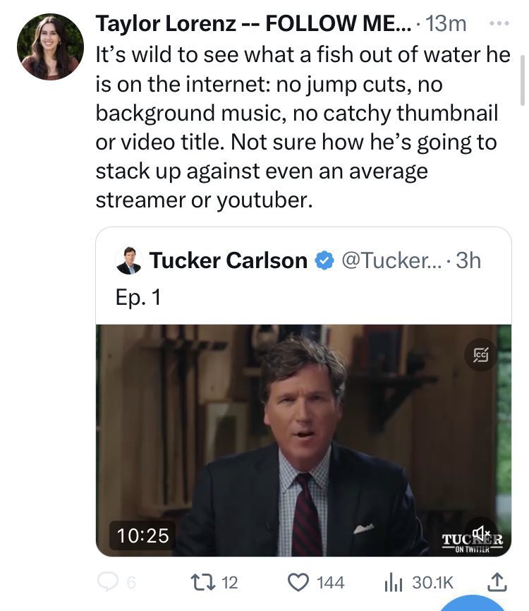 Taylor bitching about the lack of pretty corporate media graphics on Tucker’s new show reveals that our media “experts” don’t understand what time it is.

Audiences don’t want superficial fluff & glitter.

They want TRUTH and substance.

The media landscape has changed forever.