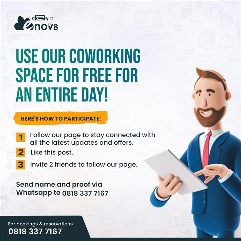 Here is an opportunity to use our coworking space at no cost!

Don't miss out on this incredible offer.

To participate, 
✔️ Follow our page.
✔️ Like this post 
✔️ Invite 2 friends to follow us.

Send proof to 0818 337 7167 via WhatsApp.

#CoworkingSpace #WorkplaceCommunity