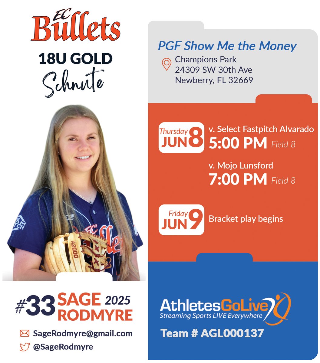 SageRodmyre's tweet photo. Looking forward to PGF Show Me the Money starting tomorrow in Newberry, FL!🧡 #BulletTrain @ecb18uSchnute @ECBBagarose @TopPreps #letsgobullets #uncommitted @PGFnetwork
https://t.co/UzgqTZIEv9 https://t.co/883tFaZVhL