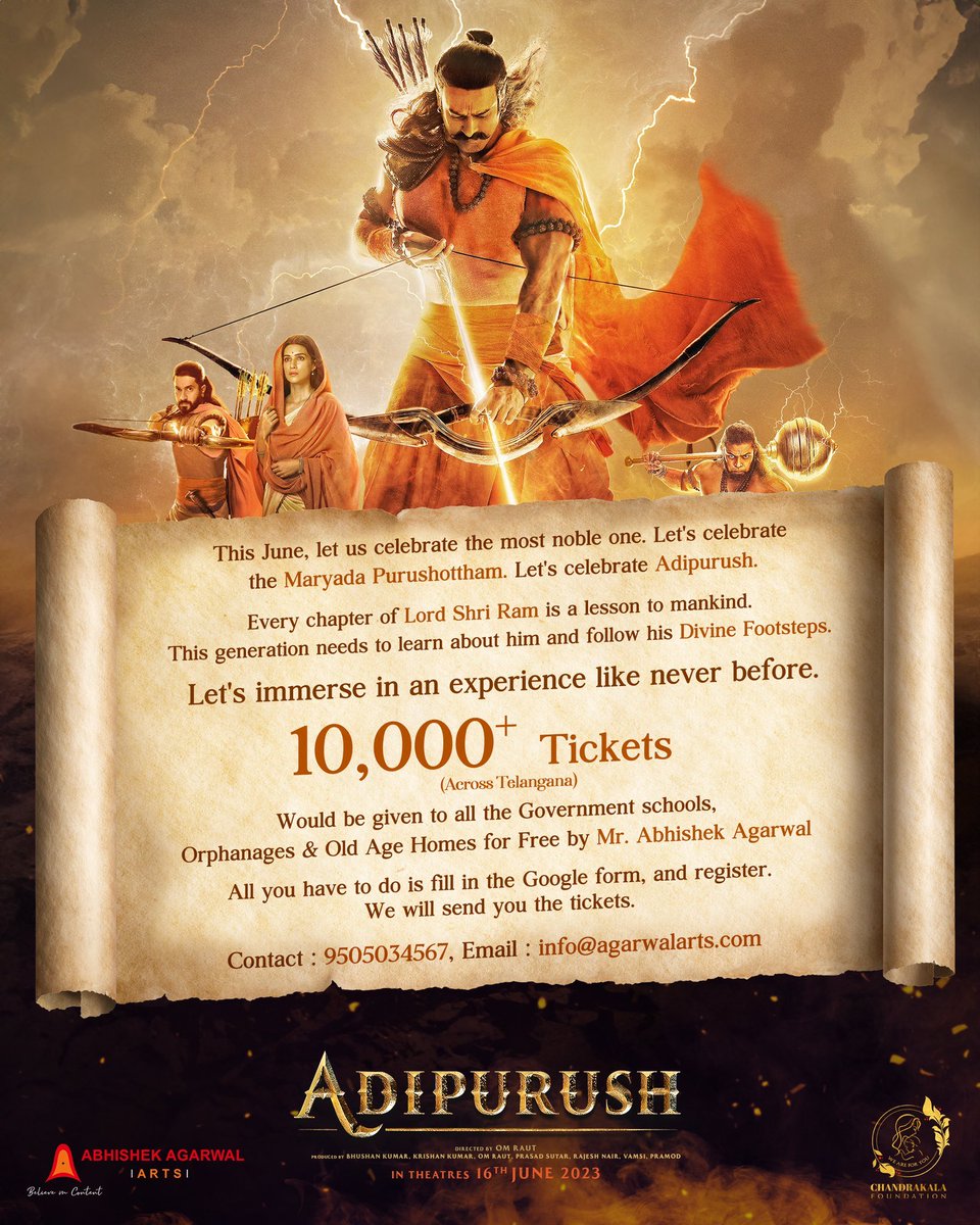 10,000+ tickets would be given to the Government schools, Orphanages & Old Age Homes across Telangana for free by TKF & Karthikeya2 Producer Abhishek Agarwal!  

Fill the Google form with your details to avail the tickets.  

bit.ly/CelebratingAdi…

#Prabhas #Adipurush