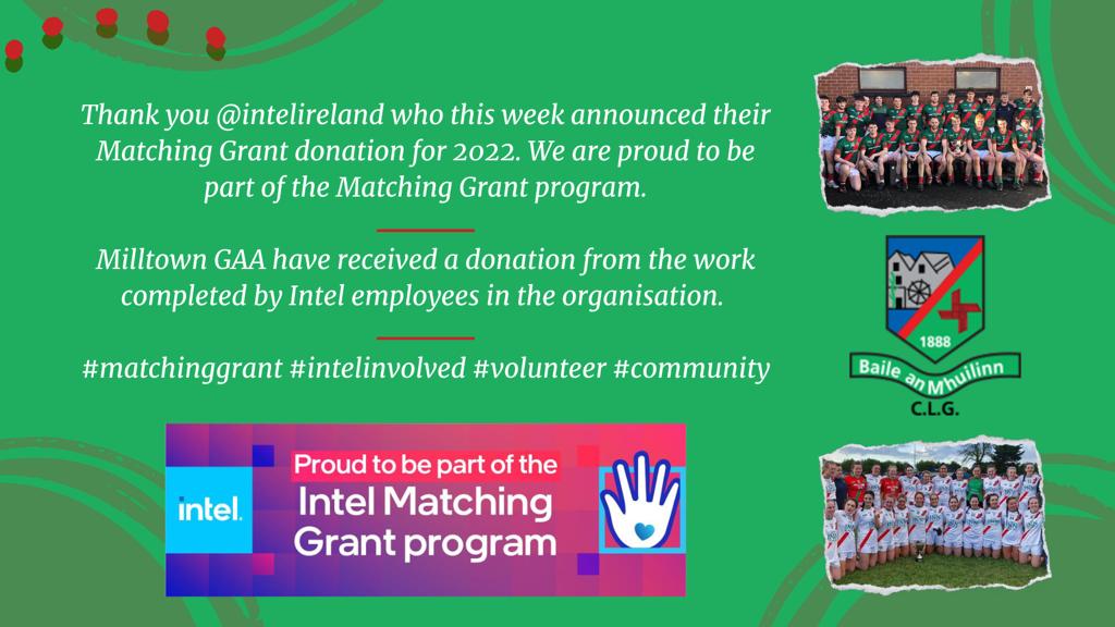 MilltownGAA's tweet photo. A superb initiative from #Intel
#MatchingGrantDonation
#IntelInvolved https://t.co/CwVXwknJLL