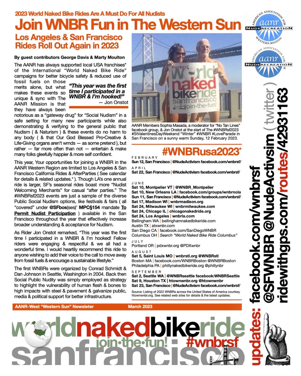 sfwnbr's tweet photo. @ThisNude Come out of the darkroom, Mitch, & #JoinTheFun in “The Western Sun” someday soon for #WNBRsf2023 ( & or #WNBRla2023 ) with Our Legions of Fans since #WNBR rides&afterparties are notoriously a “gateway drug” to #ReNormalizingNudism & #SocialPublicNudism!
🇺🇸#WNBRusa2023🇺🇸 https://t.co/lXS0zx3lgI