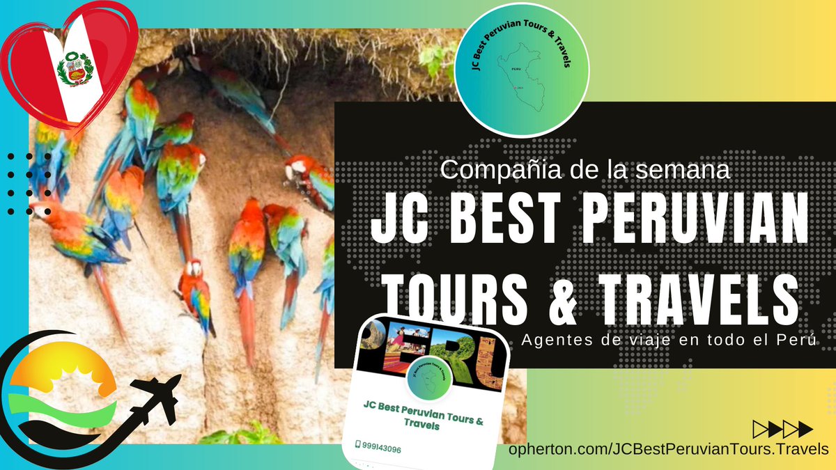 OneClicApp's tweet image. Conoce el Perú de la mano de JC Tours &amp;amp; Travel. Organizamos los mejores Viajes y Tours de todo el país, donde encontraras los Mayores Descuentos y las mejores Ofertas.
Somos un espacio dedicado a promocionar a pequeños y medianos agentes de Viajes y Tours de todo el Perú.