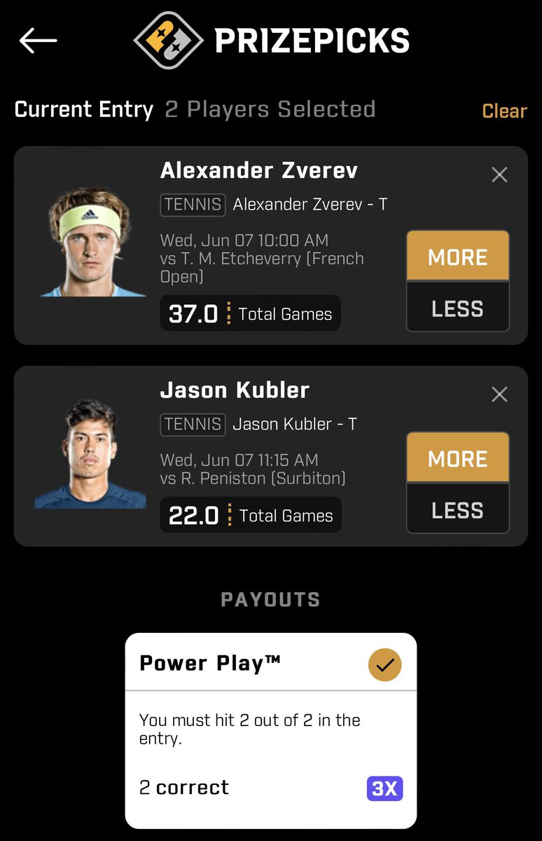 ⚡️#PrizePicks 2-pick Power Play⚡️

Triple up play for the squad 💰💰💰

🎾Zverev/Etcheverry Over 37 games
🎾Kubler/Peniston Over 22 games 

Algorithm projection: +149 👨‍🔬

Implied edge: 6.83% 🧪

#GamblingTwitter #prizepickstennis