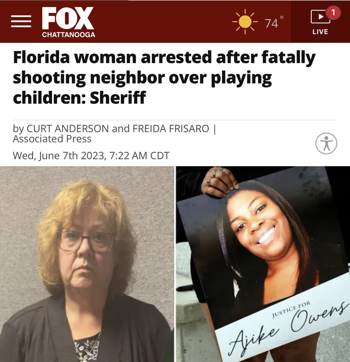 FLORIDA: “Susan Louise Lorincz, 58, who is white, arrested in the death of Ajike Owens, a Black mother of four…” 

Shot her through the front door after allegedly yelling slurs at her kids and taking the iPad they left behind. 
foxchattanooga.com/news/nation-wo…