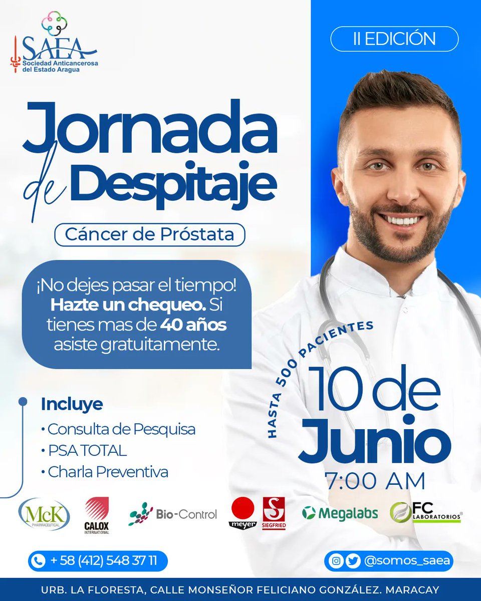 SAB 10 DE JUNIO 7:00AM 
JORNADA GRATUITA DE DESPISTAJE 

Para asistir se recomienda:
✅ No tener actividad sexual 
✅ No haberse realizado con anterioridad un exámen de próstata. 

𝗖𝗨𝗣𝗢𝗦 𝗟𝗜𝗠𝗜𝗧𝗔𝗗𝗢𝗦  500 pacientes por orden de llegada.
#jornadamedica #maracay #Aragua