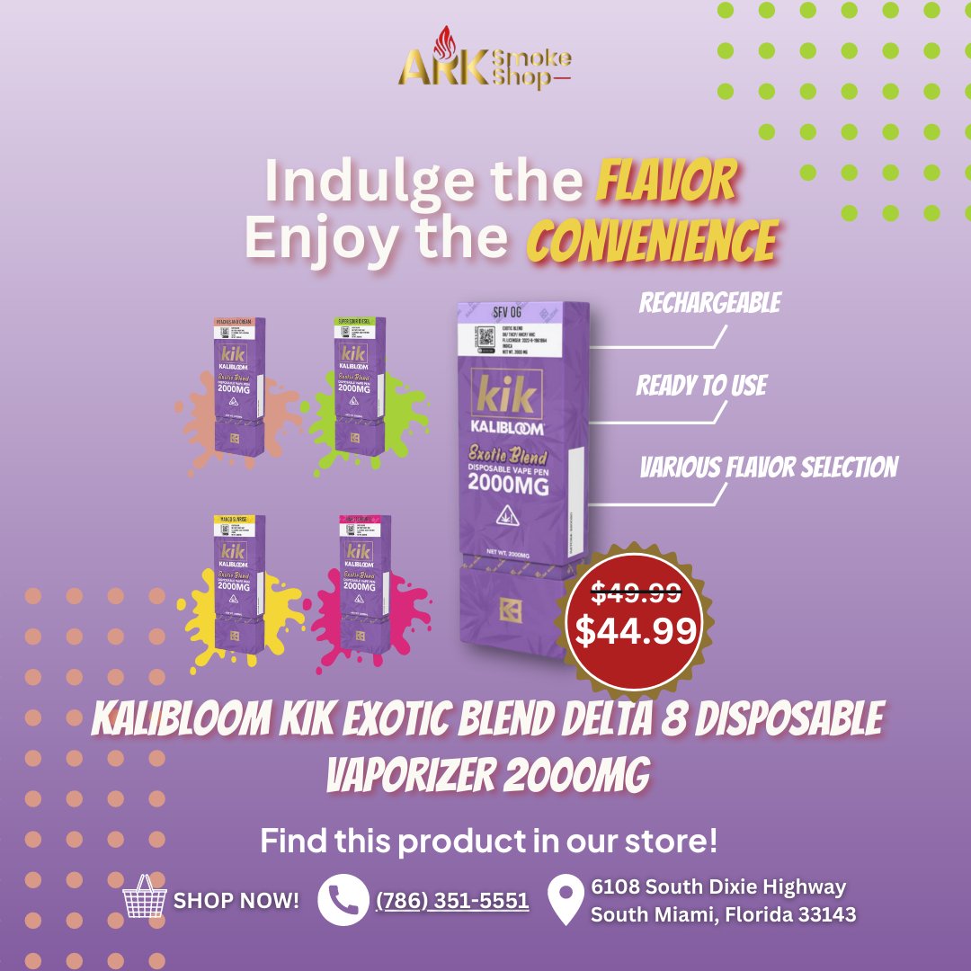 Tap Into Your Senses with Kaliboom Kik Exotic! Experience the Mind-Blowing Flavor and Convenience of our premium disposable vape. 🌬️🔥 With the power of Delta 8 and a whopping 2000mg capacity, it's an exotic journey you don't want to miss!
 #KaliboomKikExotic #MindBlowingFlavor