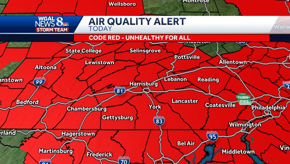 WGAL's tweet photo. Today's air quality alert has been upgraded to a Code Red - we're posting updates here: https://t.co/SMI9zRXPm9 https://t.co/KQ1PFlUzUN