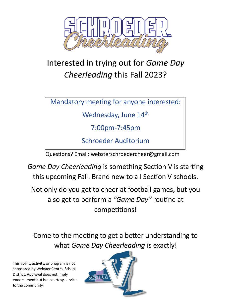 WCSDProud's tweet photo. This week's #webstercsdeflyers (3/3): @WebsterRec Summer Trip Camp, Community Service Kids Summer Camp &amp; @SchroederCheer1 Game Day Cheerleading. See flyers below for details. @SpryMSWarriors @SchlegelRoadES @StateRdWCSD @DeWittRoad @KlemNorthStars @KlemSouth @PlankNorthPride https://t.co/YPTiI1sv3F