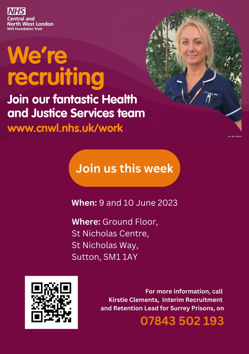 CNWLNHS's tweet photo. Interested in working for the NHS? 

Join our Health and Justice Team at the St Nicholas Centre in Sutton to hear about the exciting vacancies we have available!

We’ll be there to answer all your questions between 8am and 6pm on 9 and 10 June!

#NHSJobs @TrainHubSutton https://t.co/Sro07NaEiI