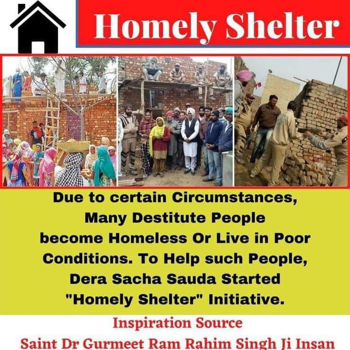 #HomelyShelter
 The good work of providing free houses to the homeless is done only by Dera Sacha Sauda.
 All this is the result of the holy teachings of #SaintDrMSG.  #FreeHomesForNeedy
 #HomeForHomeless
 #GiftOfHome
 #AashiyanaMuhim
 #DeraSachaSauda