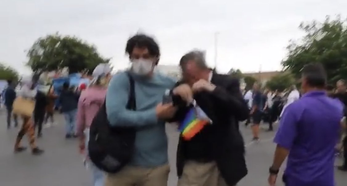 Last night a group of parents were violently attacked by proud boys outside a California school board meeting where the parents were defending LGBTQ kids — even pepper spraying a religious clergy member for holding a Pride flag in solidarity. This is not “parental concern”.