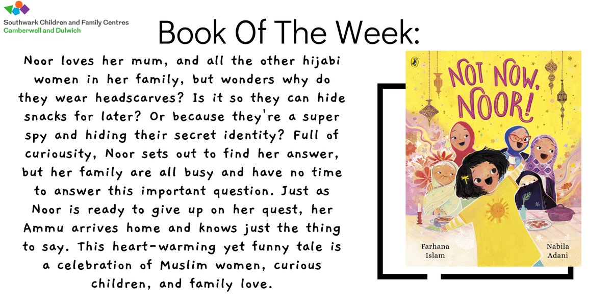 This week our early years practitioners recommends: Not Now Noor by @farhanaIslam93  📚
#lovetoread #childdevelopment #readingtime #readingisfun #reading #earlyyearsreading