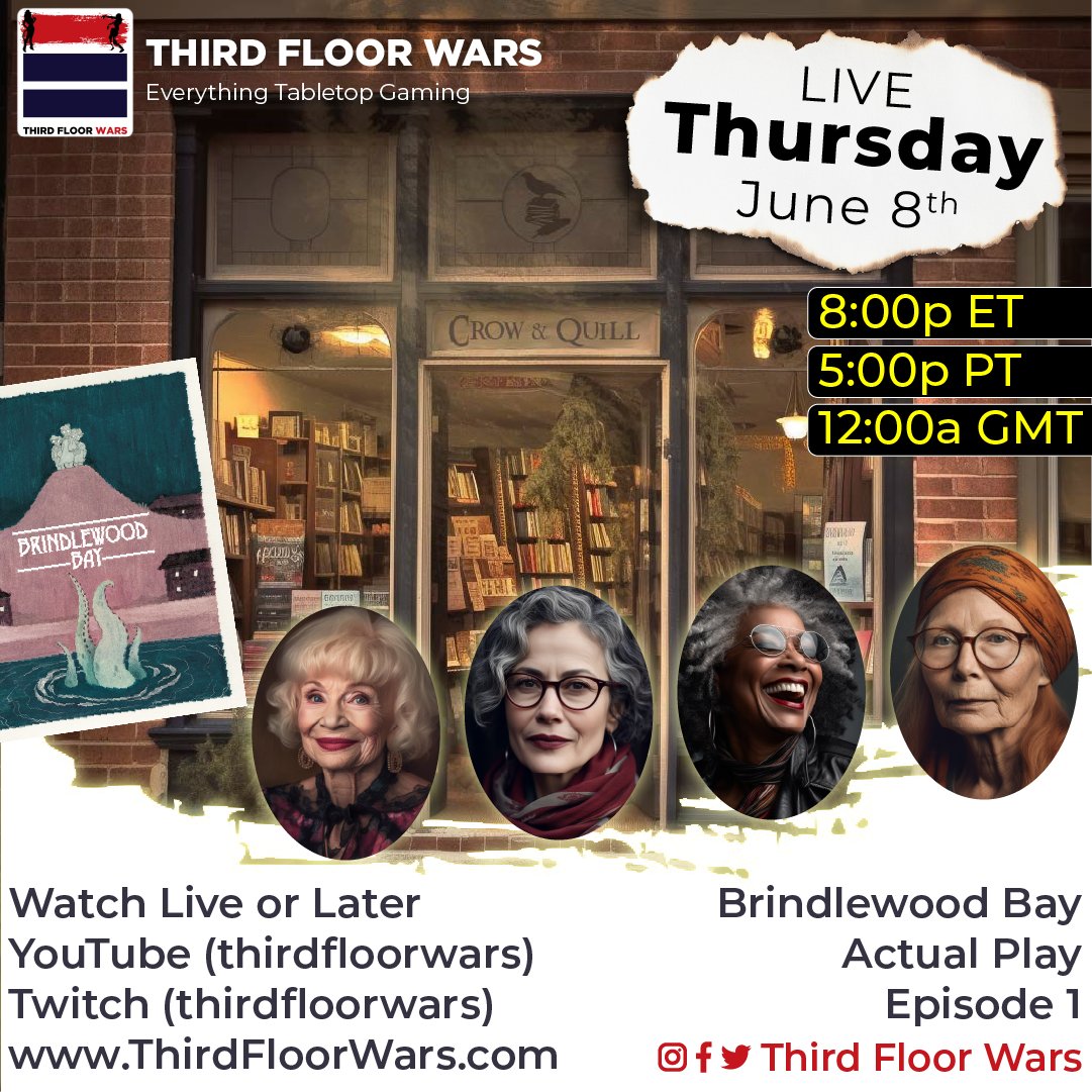 ThirdFloorWars's tweet photo. Unveiling the Mysteries of Brindlewood Bay - Live Streamed Event!
🔍 Watch us embark on a thrilling journey into the heart of mystery and intrigue! Please tune in to the year’s most anticipated event as we bring you a live-streamed play of the captivating Brindlewood Bay RPG! 1/x https://t.co/5fHdpnCyDQ