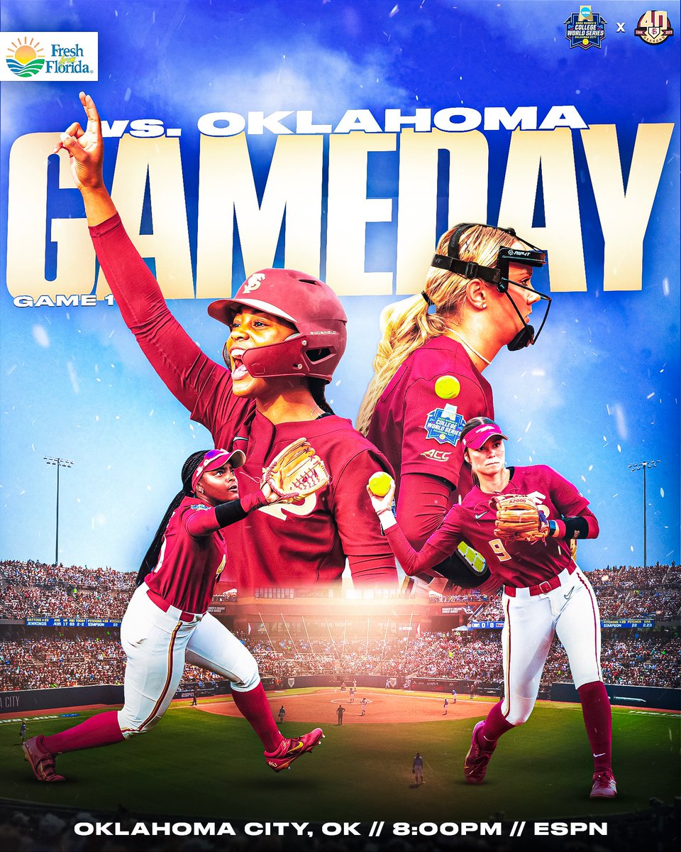 FSU_Softball's tweet photo. It's time

🆚Oklahoma
⏰8 ET
📍Hall of Fame Stadium | Oklahoma City, Okla. 
📺ESPN
📊https://t.co/ujbH82JqTy

#Team40 | @freshfromFL https://t.co/udEiJau2qf