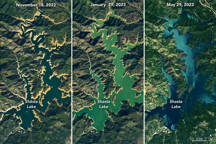 Refill, please! 🥛

Shasta Lake, California’s largest reservoir, filled to nearly 100% capacity last month. Heavy rains and meltwater from an above-average snowpack earlier this year helped counter a prolonged drought. go.nasa.gov/43Pmok7 

#Landsat watched it fill up ⤵️