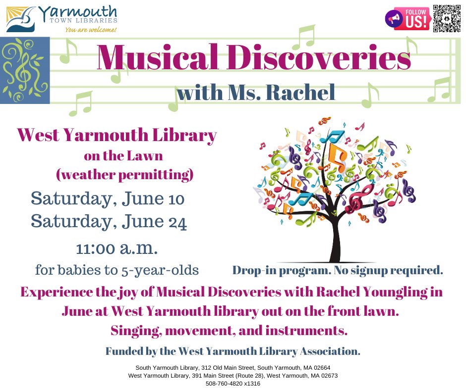 Musical Discoveries is back on the West Yarmouth Lawn this Saturday at 11! Join Ms. Rachel for singing, movement, and instruments!