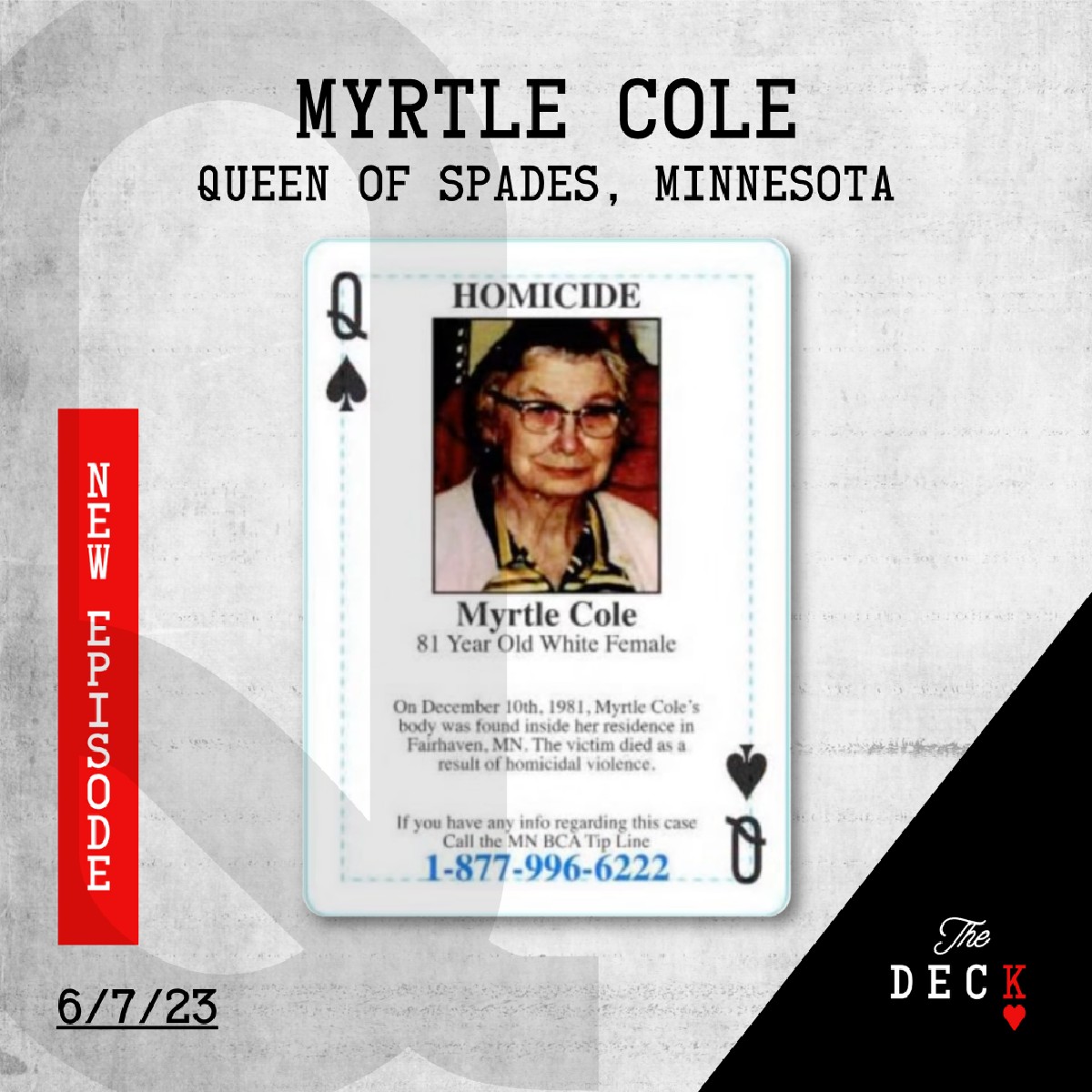 thedeckpodcast_'s tweet photo. In December 1981, 81-year-old Myrtle Cole was asleep in her small-town Minnesota home when someone broke in &amp; brutally murdered her. Now, the answer to finding out who killed her may not be far out of reach. 
Listen now: https://t.co/XZbVKC4BHl https://t.co/yjTLnL2qxC