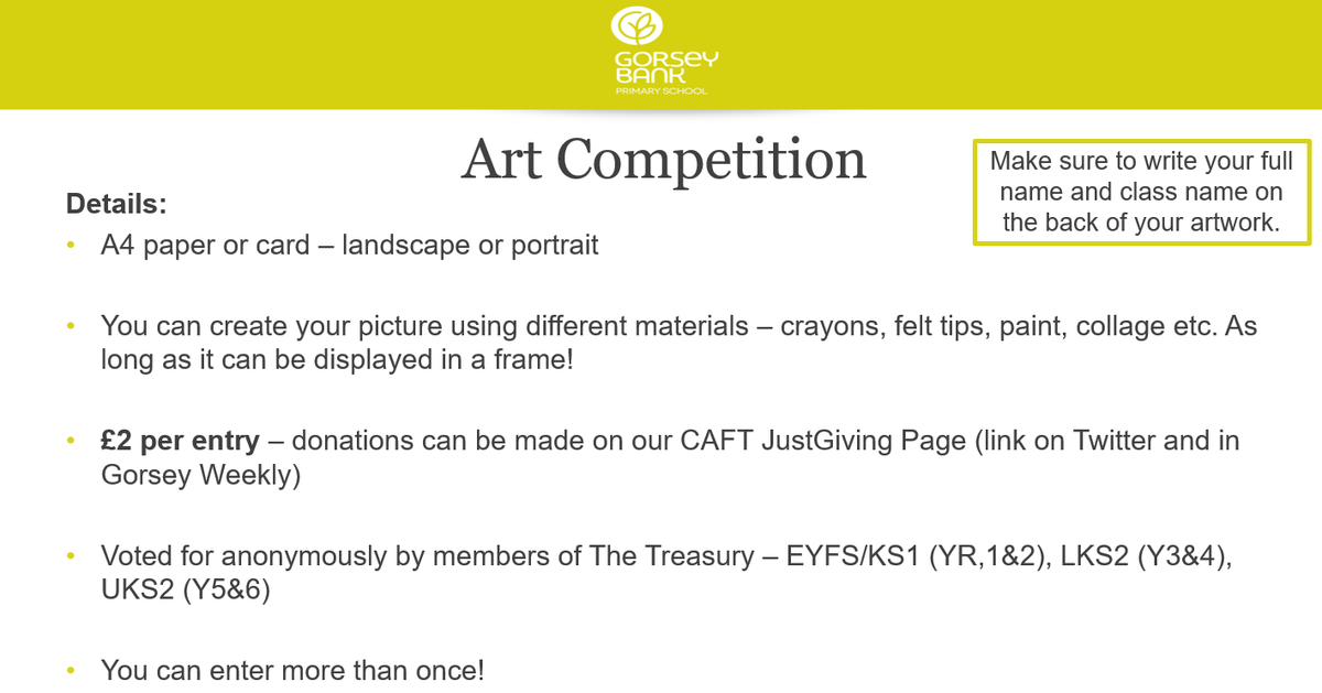GorseyCommons's tweet photo. REMINDER: The Art Competition run by the Treasury is open for a few more days! We would love to see more entries. The theme is nature and we are looking for calming and happy pictures. They need to be A4 sized and it is £2 per entry. We can't wait to see them! #gorseycommons https://t.co/uG3DY6md5O