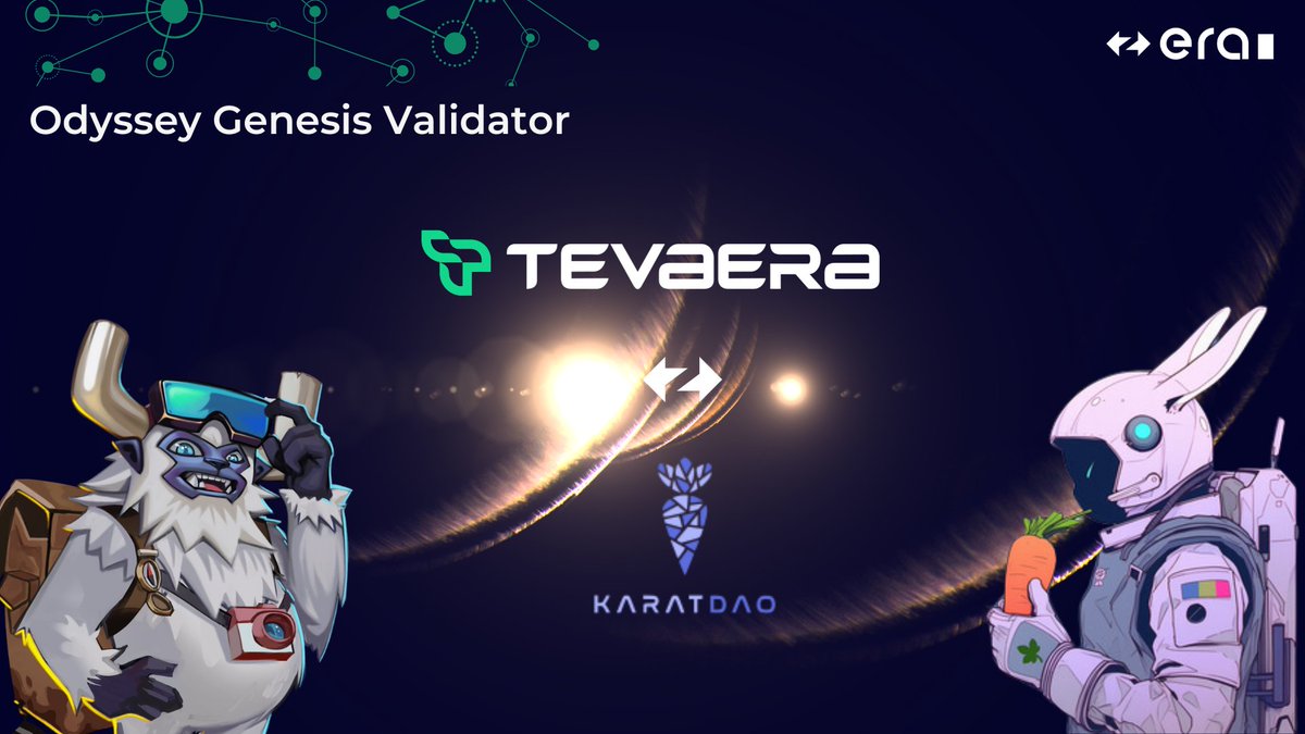Leading zkSync Era Gaming x Data Network Ecosystems are coming together 🤝

We are pleased to announce our partnership with <a href="/KaratDAO/">KaratDAO 🥕 AI Prediction Market Agent</a> as one of Karat Space Odyssey Genesis Validators! 

Get ready to join Tevaera validator as claimer tomorrow with exciting rewards 🎁

Lets go! 🎮