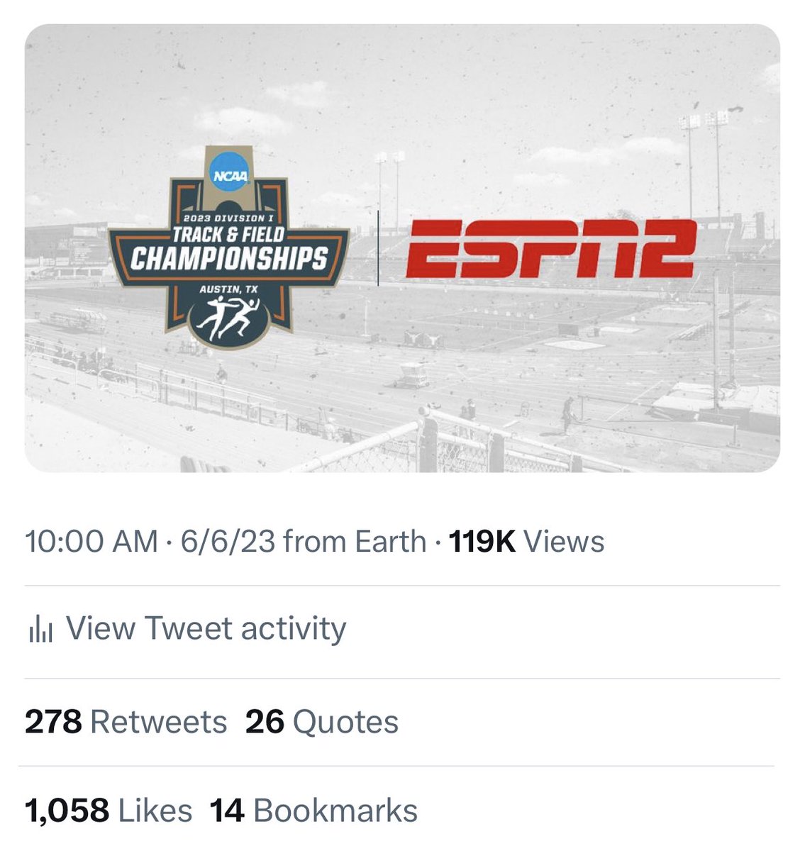 USTFCCCA's tweet photo. Yo, @ESPNPR &amp; @NCAATrackField - People seem to enjoy when track &amp; field is readily accessible. Let’s keep that going in the future, too.

https://t.co/zdTDzPv06M https://t.co/KETXSwm6Z8
