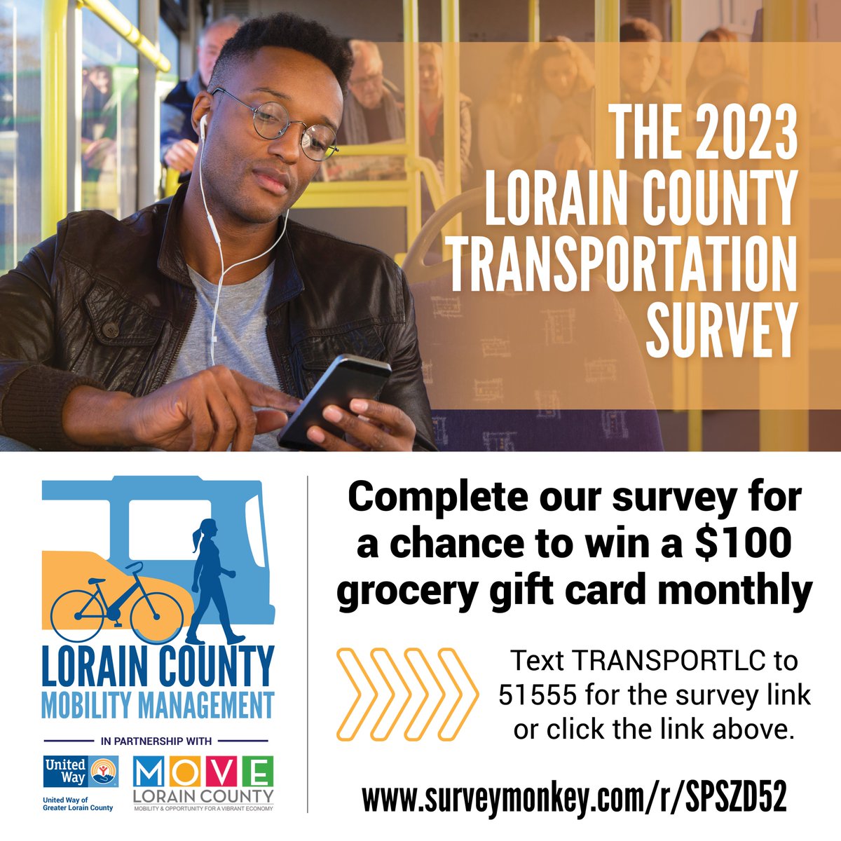 UWLorainCounty's tweet photo. Don't miss your chance to be heard! Participate in the 2023 Transportation Survey and enter to win a $100 grocery gift card - four lucky winners each month until July! Brought to you by MOVE Lorain County! https://t.co/jsLtGvL4dK https://t.co/Z3F4IHeD6C