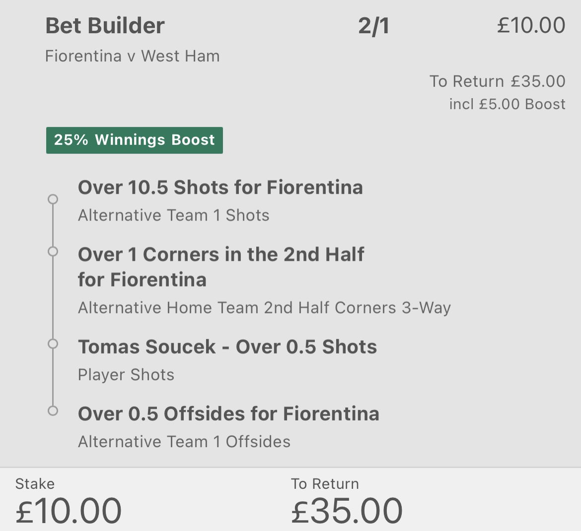 BLBAtips's tweet photo. 💰 £10 returns £35! 
🌎 Fiorentina vs West Ham 

Fiorentina shots: 15, 15, 19, 8, 28, 18

Fiorentina second half corners: 2, 5, 7, 2, 10, 2, 5

Soucek shots: 2, 1, 1, 2, 3, 1

West Ham opponents offsides: 2, 1, 5, 3, 2, 1

GIVING AWAY THE WINNINGS TO SOMEONE WHO LIKES THIS TWEET! https://t.co/bNL4fhn6AE