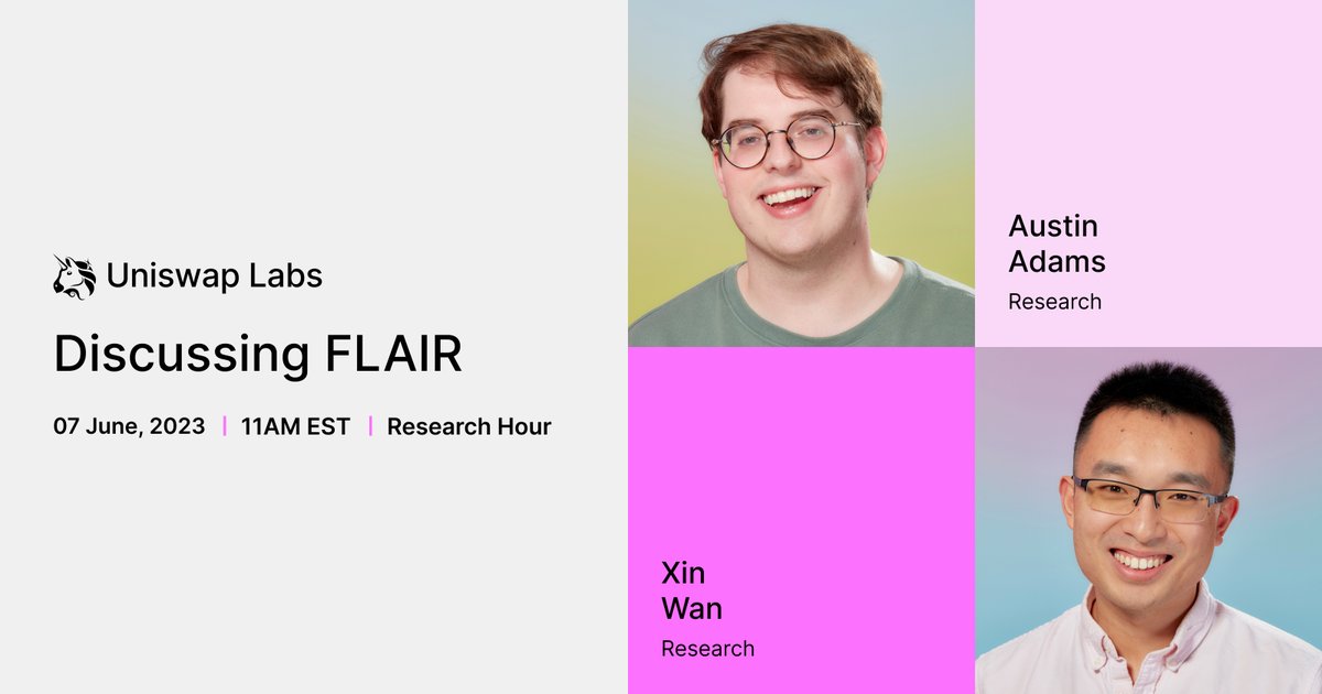 This week we introduced FLAIR—a metric to evaluate LP competitiveness in AMMs ✨

Join our live stream with the authors <a href="/aadams/"></a>, <a href="/xin__wan/">Xin Wan</a>, and <a href="/jason_of_cs/">Jason Milionis</a> to learn more about their recent research:
youtube.com/watch?v=lbtHci…