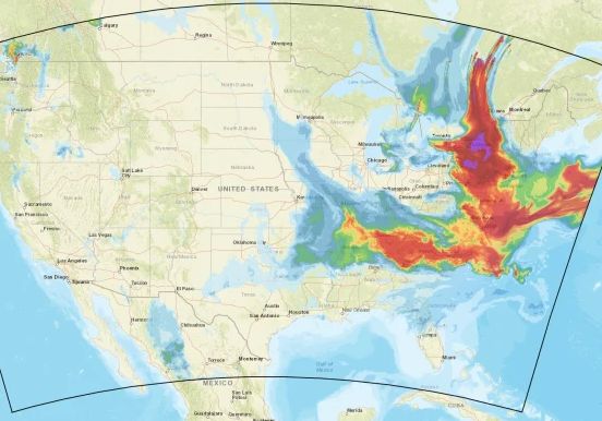 NBCNews's tweet photo. LIVE UPDATES: Canadian wildfire smoke blankets Eastern U.S.

• 98 million in 18 states under air quality alerts

• NYC and Detroit rank second, third for worst air quality worldwide

• NYC’s fine particulate matter concentration 14.5x over WHO guideline https://t.co/tRGSasZ8gi https://t.co/cpBeOMuVSD