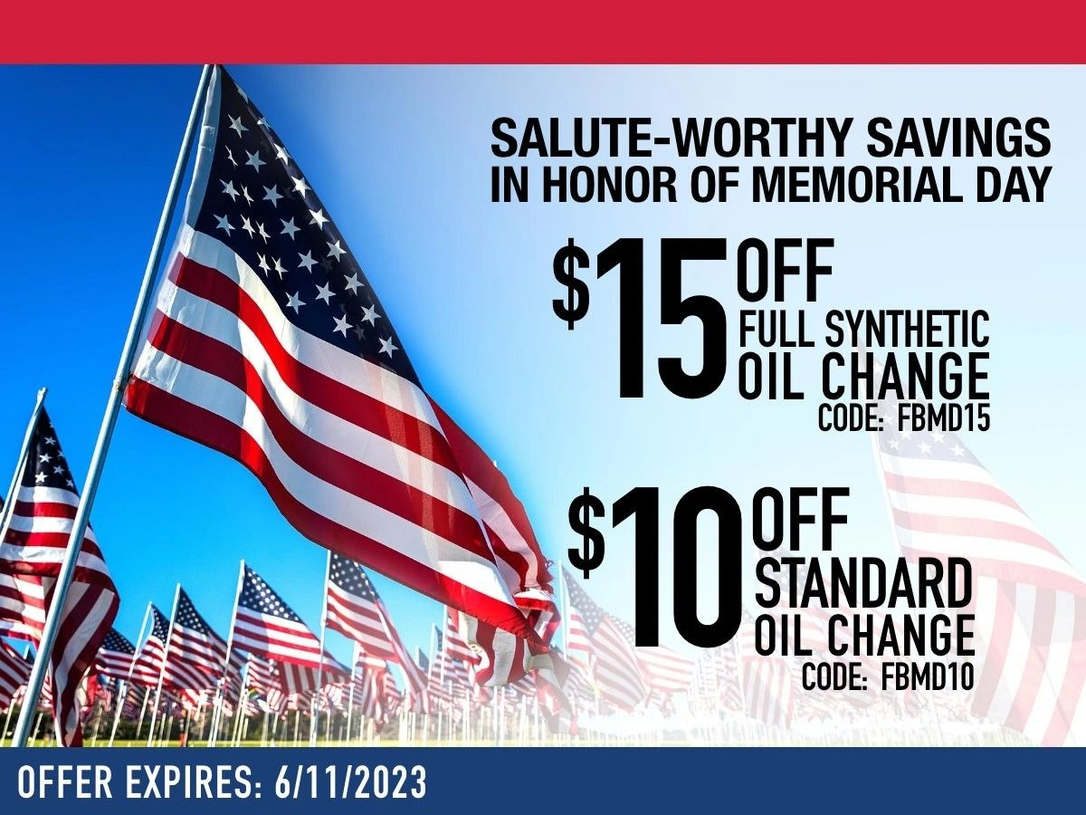 GreaseMonkeyCS's tweet photo. Don't miss out on our Memorial Day savings!  Get $15 off full synthetic oil changes with promo code: FBMD15. Get $10 off standard oil changes with promo code: FBMD10. To schedule an appointment, visit https://t.co/3ZpwKTzvUp. *Offer ends June 11.* https://t.co/E6CJAKuCmr