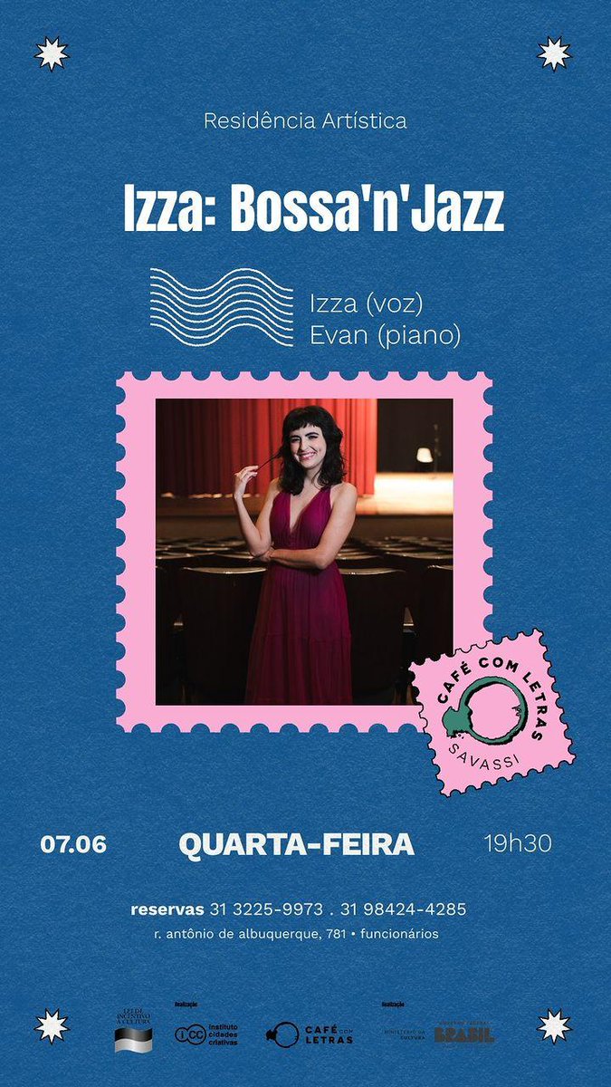 Bom dia! Como vai você?
Que tal uma noite de bossa e jazz?

Hoje temos Residência Artística Izza: Bossa’n’Jazz às 19:30h. A cantora Izza e o pianista Evan Megaro apresentam um show marcado por grandes clássicos do jazz e da bossa nova.