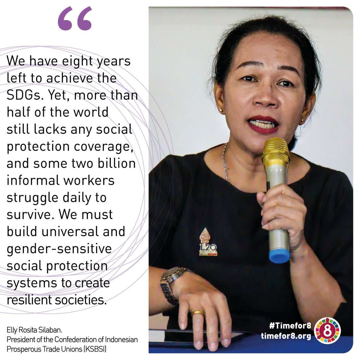 📣Just 8️yrs left to achieve the #SDGs. Yet more than half of the 🌏 still lacks any #SocialProtection coverage and 2️bn informal workers struggle daily to survive. Universal & #gender-sensitive #SocialProtection NOW!
🗣️Elly Rosita Silaban @Info_KSBSI 
#timefor8 #HLPF2022