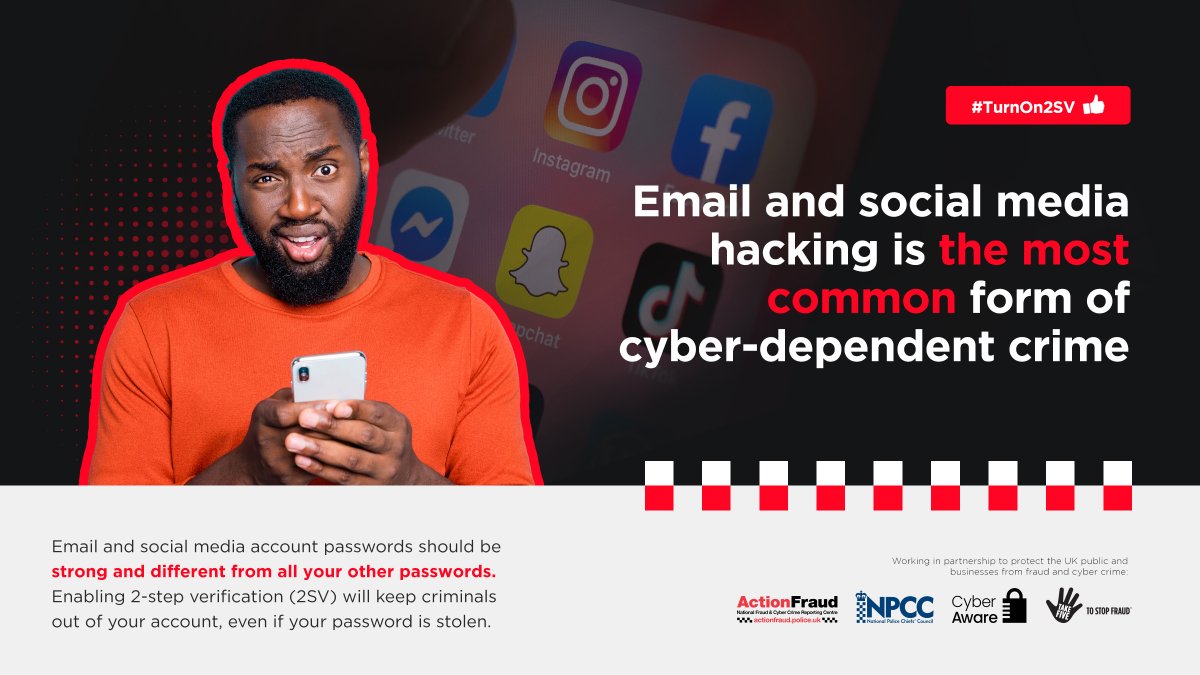 ⚠️14,493 people reported their email or social media accounts hacked in FY 2021/22.   

✅Enabling 2-step verification (2SV) can keep hackers out of your account, even if they know your password  

Find out more here: ncsc.gov.uk/cyberaware/home #TurnOn2SV

#CyberProtect