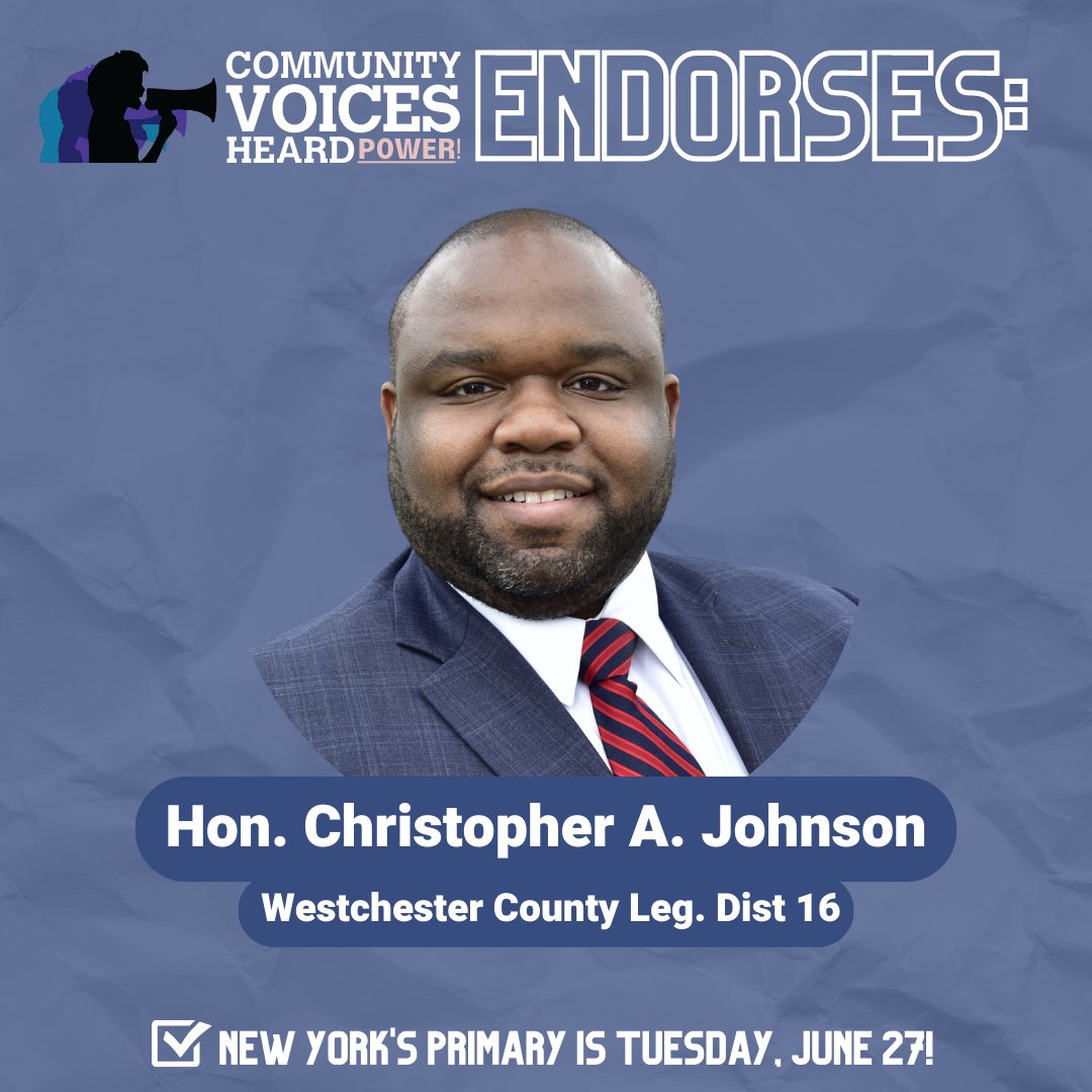 CVHPower's tweet photo. 📣 CVH Power members are excited to endorse @HonChrisJohnson for Westchester County Legislator, District 16!

Early voting starts June 17!

#Yonkers #Westchester https://t.co/7aCBoy7cOS