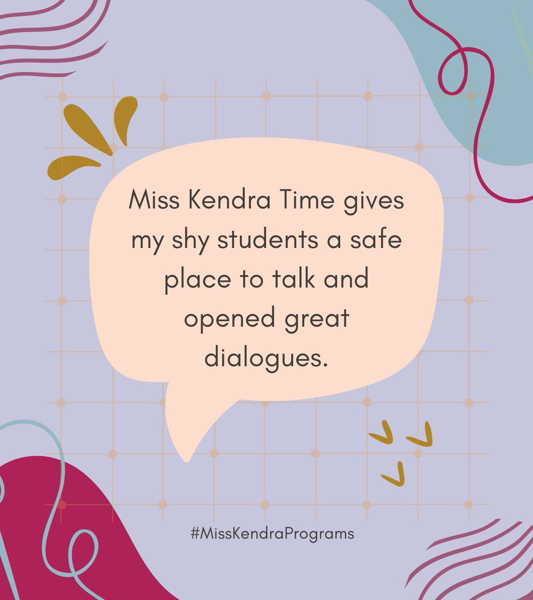 MissKendraProg's tweet image. "Miss Kendra Time gives my shy students a safe place to talk and opens great dialogues." - A Miss Kendra Teacher                                  
Learn more about Miss Kendra Programs at misskendraprograms.org 

#SEL #MissKendraPrograms #AskAChild
