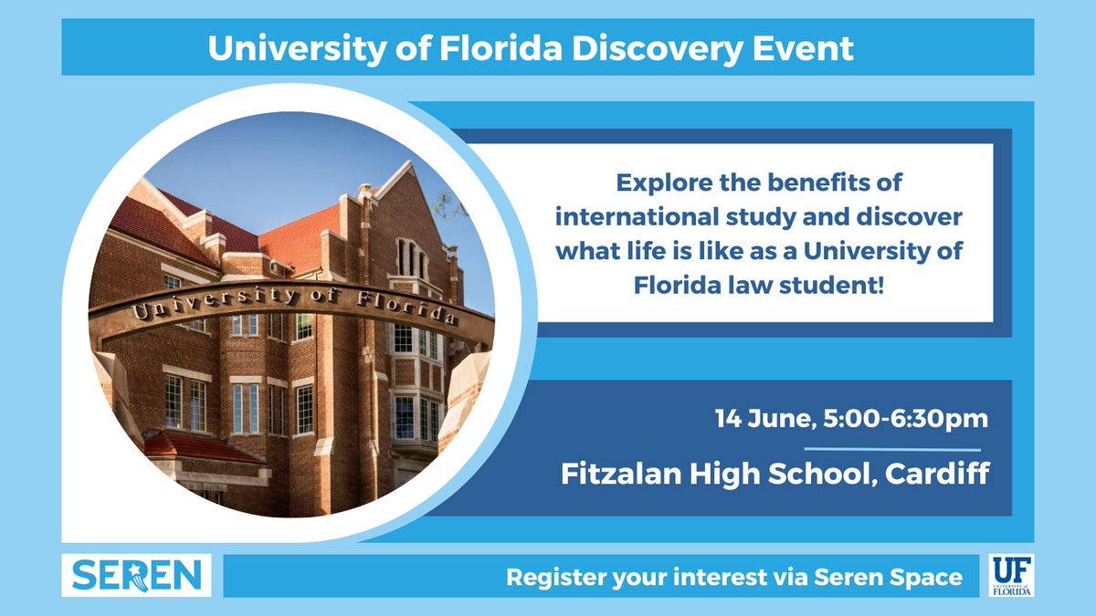 Year 12 Seren learners📢 Want to study in the US?🛫 Interested in law? Join our Uni of Florida discovery event @FitzalanHigh 📆 14 June, 5:00-6.30pm Discover the benefits of US study and gain an insight into @UF's law degree from current students! Register on Seren Space!