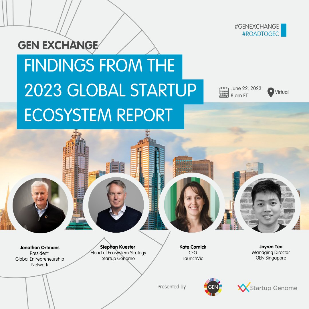 📢 Join us on June 22 for our next #RoadtoGEC exchange, where we'll discuss the trends and key findings in the 2023 Global Startup Ecosystem Report from GEN + @startupgenome!  🌍🚀 #GSER2023

Register here: genglobal.org/united-states/…