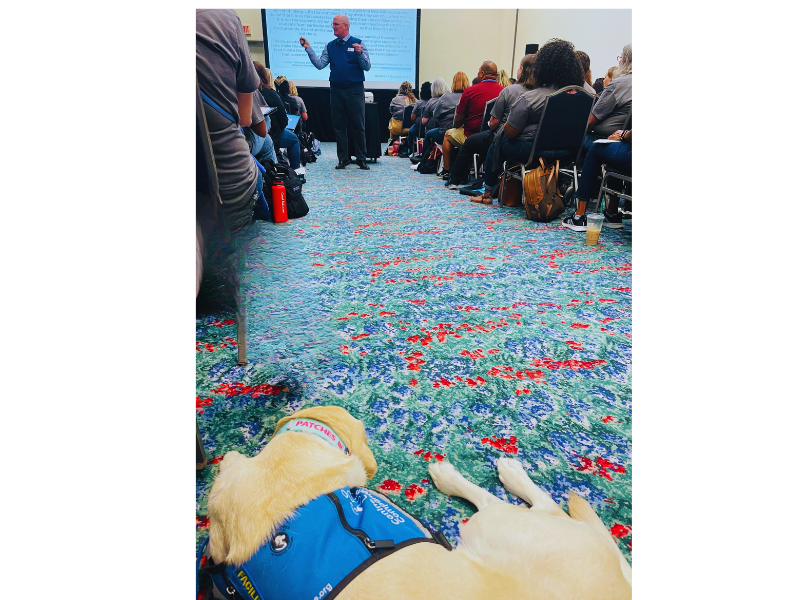 Patches fully enjoying some real talk from the awesome <a href="/plugusin/">Bill Ferriter</a> ! We sure love <a href="/SolutionTree/">Solution Tree</a> , <a href="/canineorg/">Canine Companions®</a> , AND <a href="/WaxahachieISD/">Waxahachie ISD</a> !