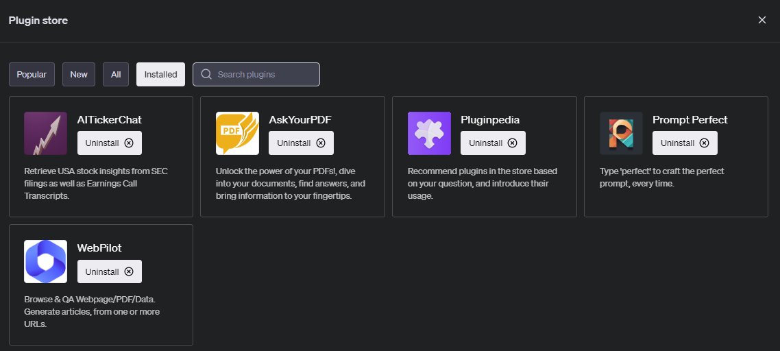 한 번 쓰면 못 끊을 플러그인 5가지를 소개합니다!

AskYourPDF - PDF 내용 추출 및 요약
Pluginpedia - 플러그인 검색 및 추천
Prompt Perfect - 프롬프트(명령어) 품질 향상 AITickerChat - 주식 정보 제공
WebPilot - URL 내용 추출 및 재가공

자세한 내용은 쓰레드에서 확인하세요.