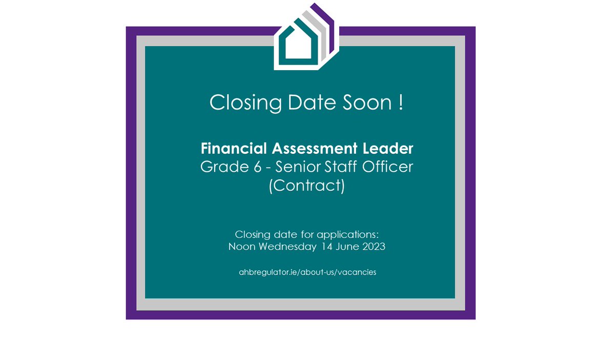 Just a reminder that our closing date for the Financial Assessment Leader (Contract) role is fast approaching.

Applications close at Noon on Wednesday 14 June.

For more details please check our website. 

ahbregulator.ie/about-us/vacan…