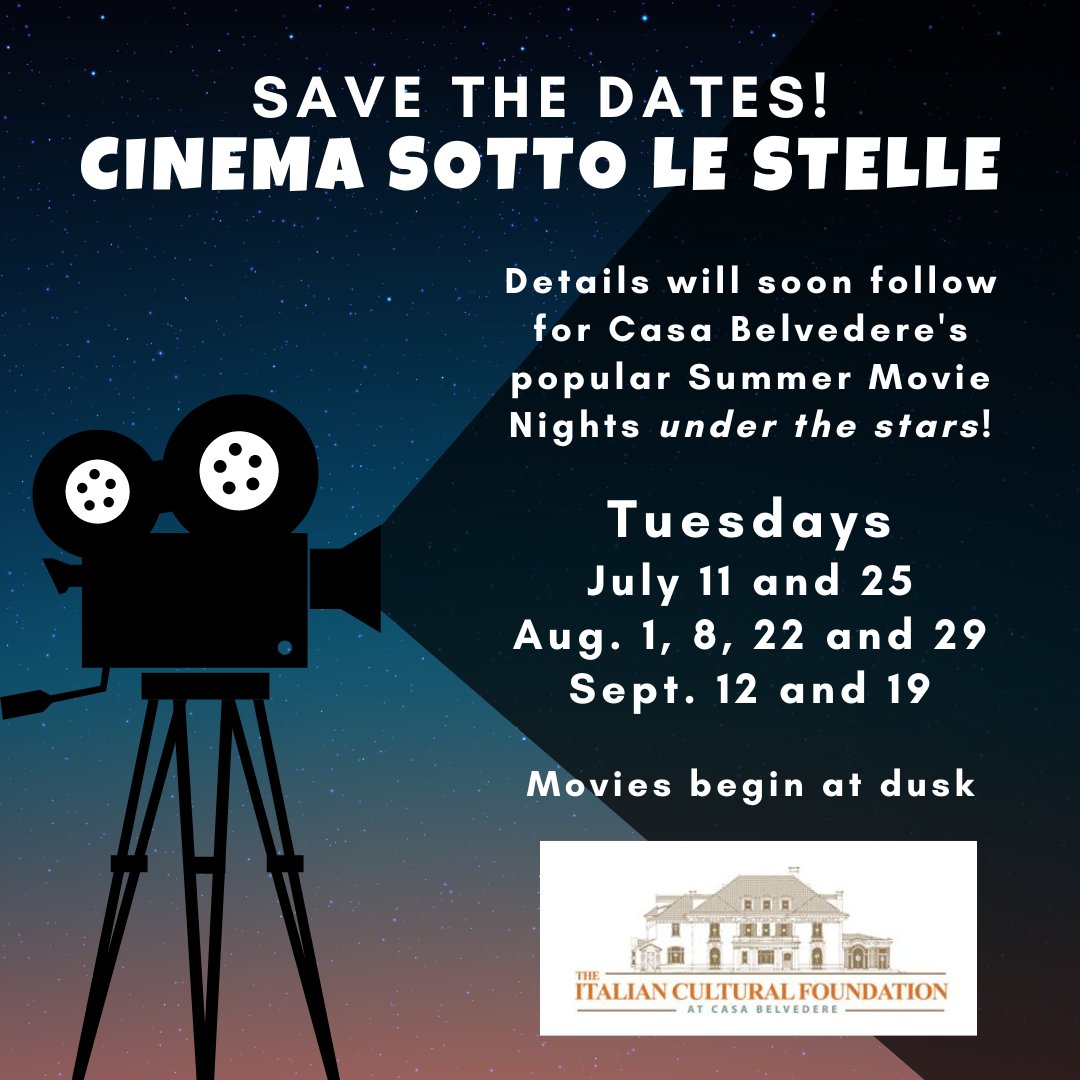 Cinema Sotto Le Stelle returns soon to Casa Belvedere! Save the dates for our Outdoor Italian Film Festival, open to the public. Movies screen at sunset behind the mansion with great views!
#CasaBelvedere #TheItalianCulturalFoundation #StatenIsland #MovieNight #ItalianFilms