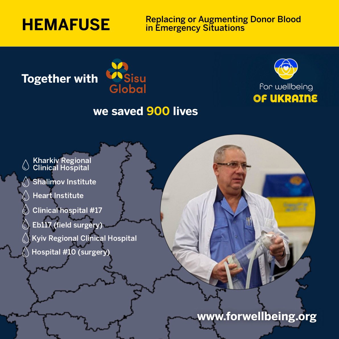 Thank you to our partner SISU Global for providing 900 kits of Hemafuse to the hospitals in Ukraine.  Our teams distributed the equipment and trained doctors to use the life saving device. 
Please join us by volunteering, or donating at  forwellbeing.org