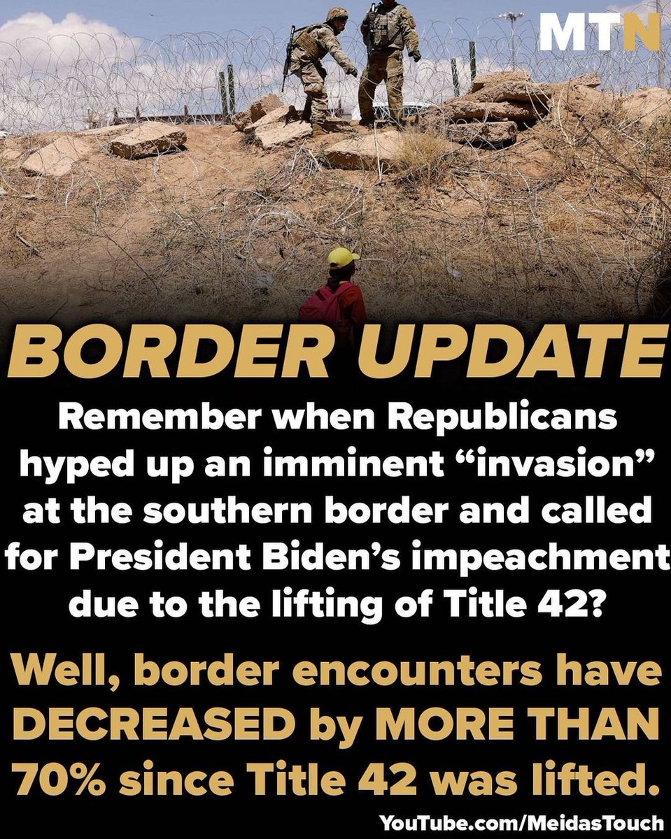 TonyHussein4's tweet photo. Remember when Republicans like Marjorie Taylor Greene hyped up an imminent "invasion" at the border and called for President Biden's impeachment due to the lifting of Title 42? Well, border encounters have decreased by more than 70% since Title 42 was lifted. https://t.co/Fv1U02dj25